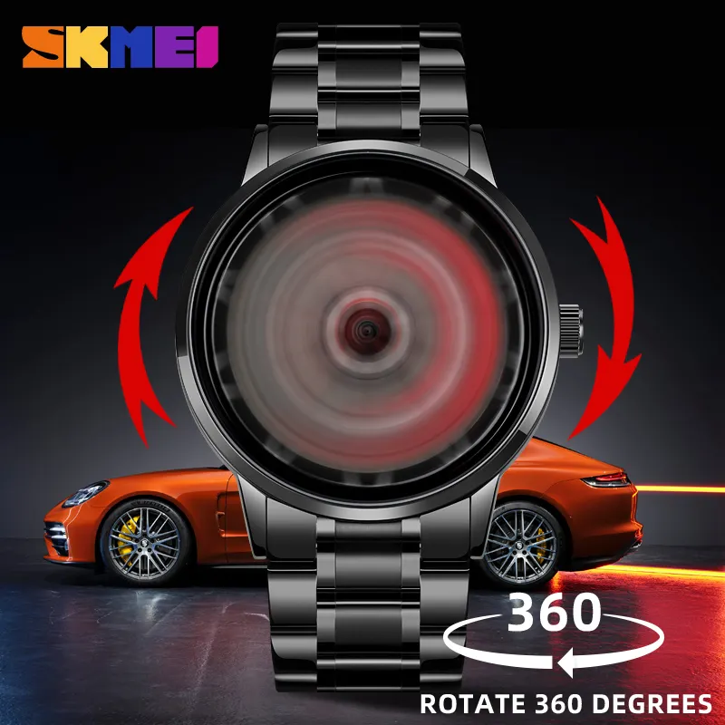 Skmei नई कई कार पहिया घड़ियों नई डिजाइन स्टाइलिश क्वार्ट्ज घड़ियों निविड़ अंधकार स्टीयरिंग पहिया घूर्णन पुरुषों कार घड़ी