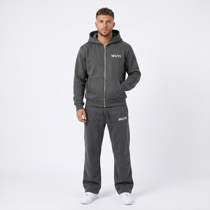 Ensemble de survêtement lourd pour homme tendance avec logo personnalisé WUYI – Sweat à capuche zippé et pantalon de survêtement large – Style Athleisure Vintage en Tech-Fleece - Product Image 2
