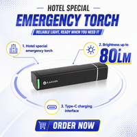 Linterna de Emergencia para Hotel EASTON, Negra Mate, 3W LED, 180 Días de Autonomía, con Carga Tipo-C e Indicador de Energía