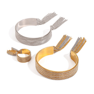 PVD Gold Open Adjustable Fringe Chain Tassel Cuff <b>Bangle</b> Bracelet & Ring <b>Set</b> for Women | Waterproof, Hypoallergenic & Non-Fading - Product Image 1