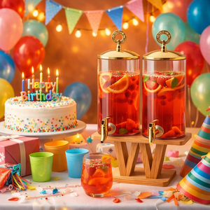 Set Dispenser Bevande Doppio in <span class=keywords><strong>Vetro</strong></span> <span class=keywords><strong>con</strong></span> Coperchi e Rubinetti Dorati, Supporto in Legno - Dispenser per Succhi e Bevande per Feste e Buffet (Vendita all'Ingrosso) - Product Image 6