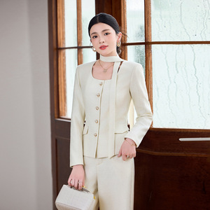 Women's Suit Set Full Sleeve Worsted Anti-Wrinkle Autumn Formal Workwear Trouser Suit Set Pink Apricot Black - Product Image 4