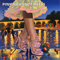 Sandales à Talon Haut en Strass Rose avec Nœud, Lacets et Talon, pour Mariage, Femme