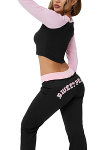 Camicia corta a maniche lunghe Raglan bicolore da <span class=keywords><strong>donna</strong></span> vestito bicolore bicolore e pantaloni a zampata a vita bassa-XXL abbigliamento sportivo per il <span class=keywords><strong>Fitness</strong></span> - Product Image 2