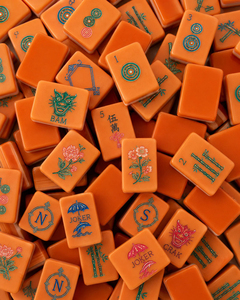 Classic Mahjong Tiles Set Orange Plastic Portable Game for 4 Players with Floral Mat and Storage Bag - Product Image 2