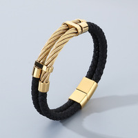 Bracelet de luxe à deux couches en cuir tressé et câble d'acier pour homme, avec fermeture magnétique, ornement de poignet