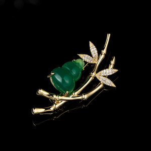 MUYU Fu Lu Bamboo Brooch Green Jade Gold Women's Cheongsam Accessory Party Decorative Pin - Product Image 2