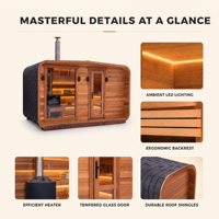 Cabine de sauna extérieure chauffée au bois PLOUTARA avec une conception en forme de pod, une porte en verre trempé et un toit en bardeaux pour des projets de glamping personnalisés