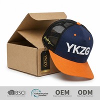 Casquette de course automobile professionnelle en maille marine et orange, 5 panneaux, avec patch latéral brodé or, style camionneur A-Frame, avec étiquette de marque