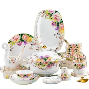 亚马逊顶级畅销高品质餐具花卉设计新骨瓷60件晚餐套装彩盒包装