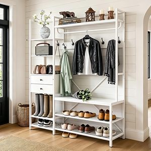 SENYU Modern White Metal <b>Coat</b> Rack with 6 Hooks and 5 Shelves Multifunctional Entryway <b>Storage</b> Furniture Scandinavian Design - Product Image 1