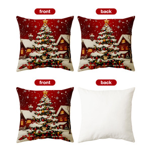 <span class=keywords><strong>Housse</strong></span> <span class=keywords><strong>de</strong></span> coussin <span class=keywords><strong>de</strong></span> Noël sans insert, style peinture à l'huile, fond <span class=keywords><strong>rouge</strong></span>, Père Noël, bonhomme <span class=keywords><strong>de</strong></span> neige, sapin <span class=keywords><strong>de</strong></span> Noël, décoration <span class=keywords><strong>de</strong></span> canapé - Product Image 3