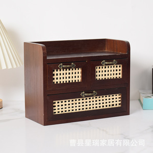 Retro Style Desktop Wooden <b>Storage</b> <b>Box</b> With Bamboo <b>Drawer</b> For Jewelry Cosmetics Office Organization - Product Image 4