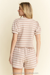 Maßgeschneidertes Crop-Top Zweiteiler-Set Damenkleidung Sommer-Mode Rundhals-Oberteil Damen-Shorts Gestreiftes Hemd-Set - Product Image 3