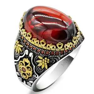 S925 Set Cincin Perak Sterling dengan Zirkon Merah Alami, Perhiasan Cincin Pria Gaya Antik Turki