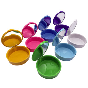 Dental retainer case, round with mirror, portable tooth storage box, orthodontic storage source factory, <b>ABS</b> material. - Product Image 1