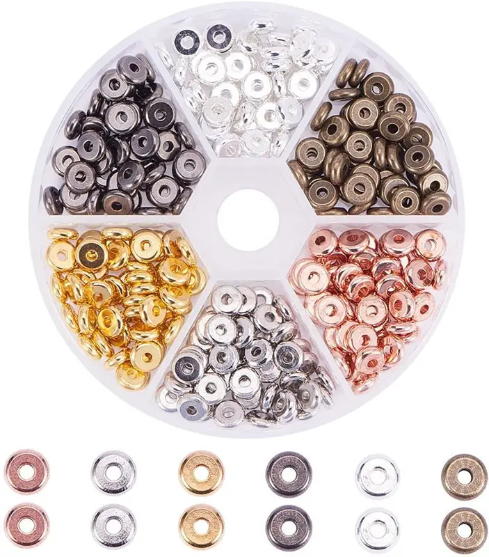 300Pcs Rondelle Spacer Kralen 6 Kleur 6Mm Platte Ronde Messing Heishi Kralen Munt Disc Spacers Losse Kralen Sieraden metalen Spacers