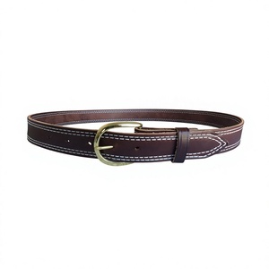 Cinturón Casual de Cuero Vacuno Genuino con Doble Costura, Hebilla de Cobre y Correa Tejida Marrón Sólido para Hombre - Product Image 3
