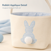 Panier à œufs de Pâques en tissu à carreaux Gingham avec nœud, applique lapin, queue pompon, cinq couleurs pastel et poignée arquée doublée