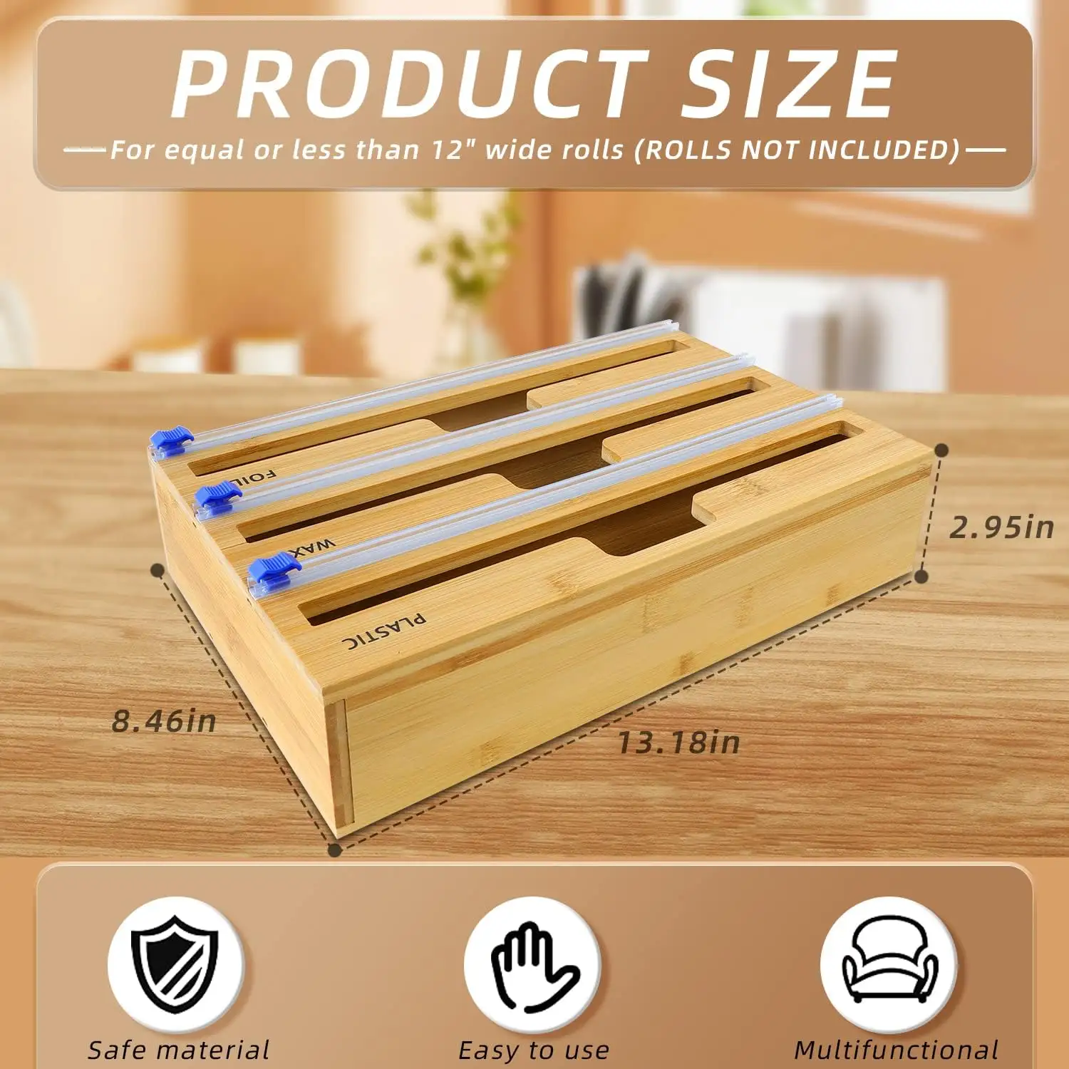 Kitchen Drawer Bamboo Roll Organizer Stand 3-in-1 Plastic Wrap Aluminum Foil Wax Paper Storage Dispenser With Slide Cutter