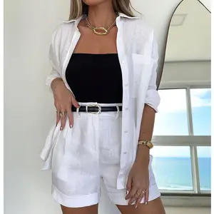 RedPeony Women Fashion Lapel Single Breasted Shirt And High Waist Short Spring Lady Suits Casual Solid Short Pants 2 Piece Sets