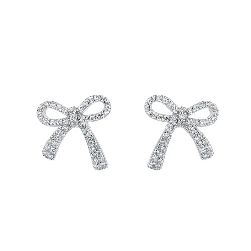 Fine New Arrival 925 Silver Jewelry Zircon Inlaid Bow Earrings Simple Silver Stud Earrings Diamond Bling Earrings for Women