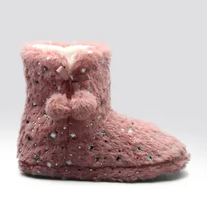 Gezellige Warme Pluche Slaapkamer Dames Winter Slipper Laarzen Met Pom Poms