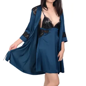 Blu scuro del merletto robe Ricamo Kimono In Raso robe Set con Colore Puro Abiti Kimono Da Notte In Raso Spose