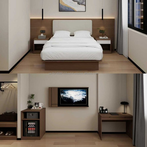 Ensemble de meubles de chambre d'hôtel 3 étoiles moderne, suite complète pour chambre d'hôtes avec cadre de lit en bois, tables de chevet, meuble TV et armoire minibar - Product Image 4