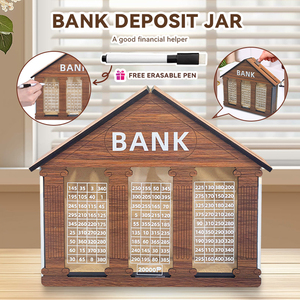 Tirelire en <span class=keywords><strong>bois</strong></span> pour défi d'épargne, modèle maison, avec stylo effaçable et suivi réutilisable, planificateur de budget, pot à argent pour la maison et le bureau - Product Image 1
