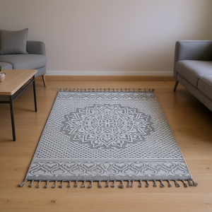 Tappeto Rettangolare Grigio Bianco con Motivo a Medaglione 4x6, Tessitura Piatta, Stile Bohemien, per Interni ed Esterni, Impermeabile, in Polipropilene - Product Image 2