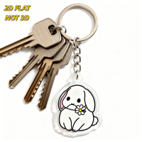 Porte-clés en acrylique Lapin blanc mignon avec marguerite, lapin aux oreilles roses, pendentif découpé transparent, chaîne métallique, accessoire doux de printemps
