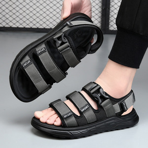 Sandalias Planas para Hombre, Punta Abierta, Suela de Goma, Transpirables, Casuales, de Verano, con Cierre de Velcro, Parte Superior de Tela, Color Sólido - Product Image 4