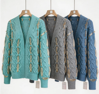 Cardigan en tricot personnalisé pour femme, col en V, vert lac, maille torsadée ajourée, décor feuille en résine 3D, devant ouvert, manches longues amples, tenue quotidienne