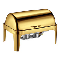 Plat à chafing de luxe en acier inoxydable plaqué or haut de gamme avec couvercle roulant et verre visible, chauffe-plats 6L/9L pour buffet, service traiteur au gaz