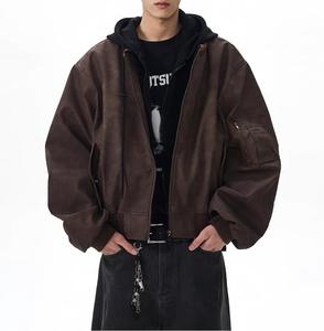 Kustom mode palsu dua potong kulit PU jalanan tinggi penutup ritsleting jaket Bomber bertudung tahan angin untuk pria produsen jaket - Product Image 1