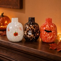 Vase décoratif en verre soufflé à la main, motif citrouille, fantôme et chauve-souris, ensemble de décoration d'Halloween et d'automne, effet moucheté, vente en gros pour les boutiques de cadeaux
