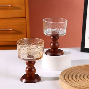 Copa de Vino de Diseño Único, Copa de Vino Vintage, Tazón de Postre con Base de Vidrio, Vasos de Vidrio de Boca Ancha de 3.9 Pulgadas, Soporte de Madera - Product Image 4