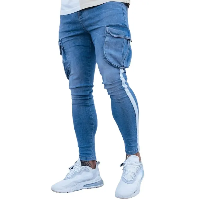 Phong Cách Đường Phố Jeans Quần Cho Nam Giới Tùy Chỉnh Skinny Nhiều Túi Kéo Dài Treo Hàng Hóa Quần Jean Và Quần Jean Cho Nam Giới