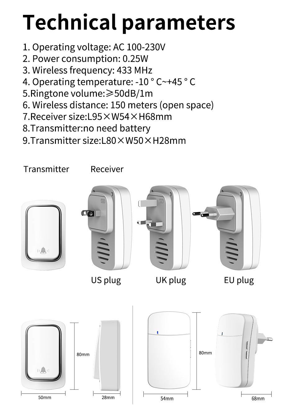 Doorbell Remote Control Wall Outlet Self Powered Waterproof 150M Remote Control Light Lamp Socket