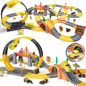 Pista de carreras de construcción para niños, juego de coches de juguete, tren de carreras eléctrico, camiones de carreras