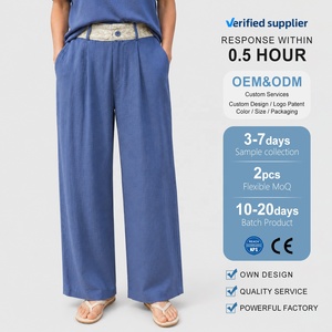 <span class=keywords><strong>Pantalon</strong></span> large <span class=keywords><strong>taille</strong></span> haute en mélange de <span class=keywords><strong>lin</strong></span> pour <span class=keywords><strong>femme</strong></span> avec ceinture brodée, style bohème fluide pour la plage - Product Image 1