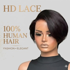 วิกผมทรงพิกซี่แบบสั้น ตัดตรง ไม่ต้องใช้กาว ผมแท้บราซิล 13x4 HD Lace Frontal สำหรับ<span class=keywords><strong>ผู้หญิง</strong></span>ผิวสี  ถอนขนมาแล้ว - Product Image 1