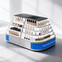 Étagère de présentation cosmétique blanc et orange vif à 4 niveaux avec éclairage LED, présentoir de maquillage avec boîte lumineuse supérieure pour logo et 8 portes