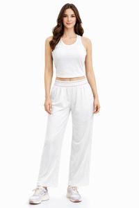Set Yoga Bianco a 2 Pezzi: Top Corto con Spalline Incrociate e Pantaloni Larghi a Vita Alta, Traspirante in Spandex e Poliestere, Tinta Unita a Tutta Lunghezza - Product Image 1