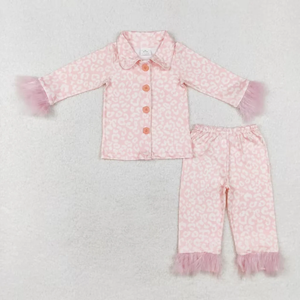 Ensemble pyjama pour enfants filles, haut à manches longues boutonné et pantalon avec bordure en fourrure, tenue de détente 2 pièces, automne et hiver - Product Image 6