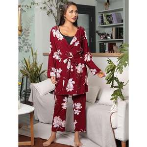 Ensemble de vêtements d'intérieur trois pièces pour femmes SMOOTH, robe florale, camisole unie et pantalon long, pyjama, vente en gros d'usine - Product Image 4