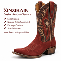 Bottes de cowboy western Xinzirain personnalisées pour homme, aspect daim rouge brun, brodées, bout pointu, mi-mollet, à enfiler, talon bloc