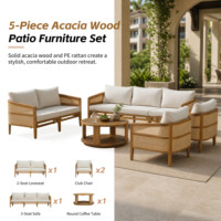 Ensemble de salon de jardin 5 pièces en rotin PE et bois avec causeuse, 2 fauteuils et table basse pour jardin, patio, bord de piscine - Entrepôt américain