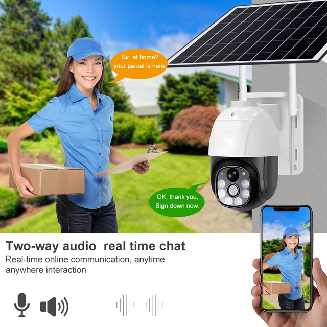 Solar Power PTZ WiFi Outdoor Security Camera IP66 Weatherproof Solar Security Cam Supports Remote PTZ Control Two-Way Audio